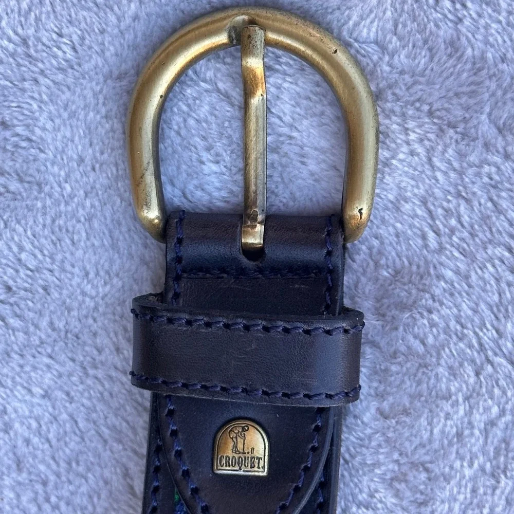 Vintage Croquet Black Leather Paisley Blue Fabric Belt Brass Buckle 36
